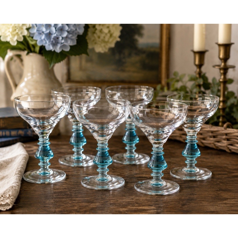 VTG Bryce Contour Cerulean Blue Ball Stem Champagne/Sherbet Glasses - Set of 6